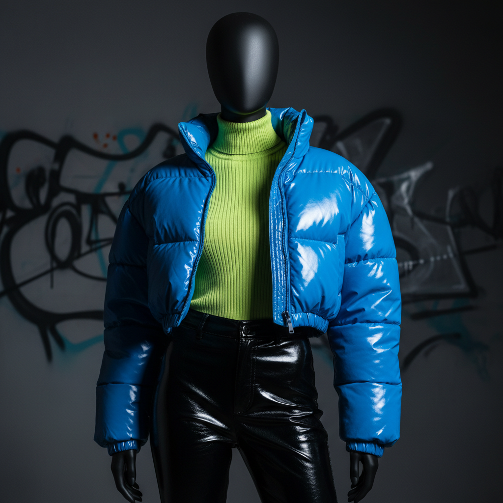 A close-up, high-fashion photographic shot of a daring women’s streetwear outfit displayed on a faceless, matte-black mannequin torso: a cropped, electric-blue puffer jacket with exaggerated volume and glossy finish, layered over a ribbed neon-lime turtleneck and paired with high-waisted black vinyl pants that reflect subtle highlights. The mannequin stands against a deep charcoal wall with a faint, abstract graffiti pattern. A single cool-white spotlight from the side creates dramatic contrast, sharp reflections on the vinyl, and intense shadows that enhance texture. The composition is tight, with the outfit dominating the frame and the background falling into soft bokeh. The mood is urban, fearless, and trend-setting, embodying bold photographic realism.