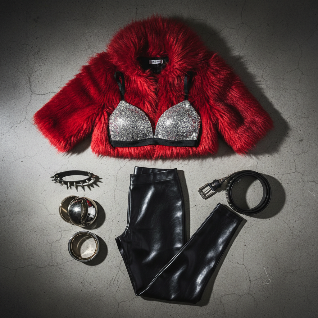 A bold fashion-editorial flat lay focused on statement textures: a crimson faux-fur cropped jacket fanned out like a fiery halo, a pair of black latex leggings folded with precise, glossy creases, and a glitter-encrusted silver bralette placed at the center like a jewel. Surrounding them are edgy accessories: spiked chokers, mirrored bangles, and a studded belt coiled like a serpent. The ensemble is arranged on a cool gray concrete slab with hairline cracks for contrast. Harsh, directional studio lighting from the right carves strong shadows and intense highlights, especially on latex and metal, creating a fearless, rebellious mood. Photographic realism, shot from directly above with tight framing, makes the composition feel like a magazine cover for ultra-bold, trending women’s looks.