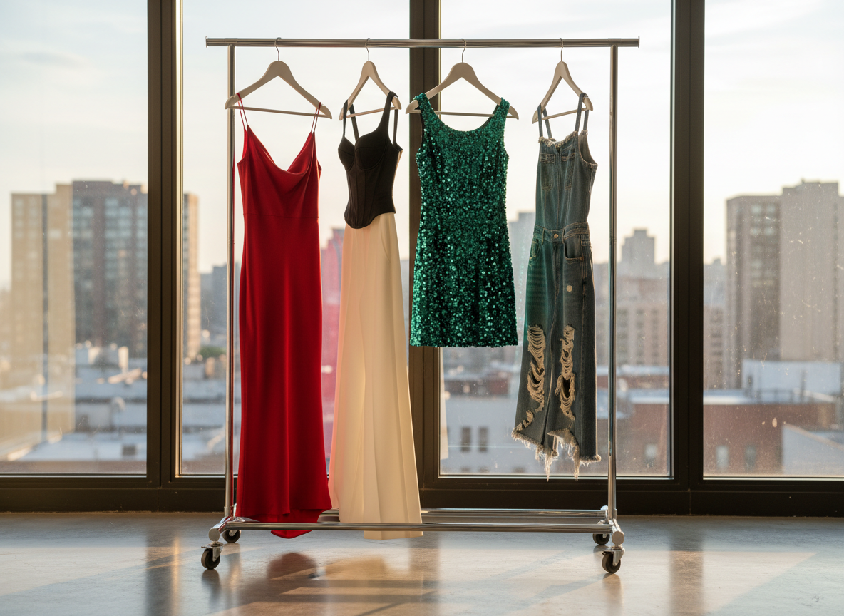 A sleek chrome clothing rack holding four coordinated, hot-trending women’s outfits: a scarlet silk slip dress that pools in liquid folds, a structured black corset top paired with tailored white wide-leg trousers, a sequined emerald mini dress that catches every glint of light, and an edgy denim set with exaggerated frayed hems. The rack stands on polished concrete in a minimalist loft, with a floor-to-ceiling window revealing a blurred city skyline. Late-afternoon golden light streams in, creating shimmering highlights on sequins and soft reflections on the chrome. Photographic realism, shot at eye level with a slight angle and rule-of-thirds framing, emphasizes strong vertical lines and a bold, fashion-magazine atmosphere.