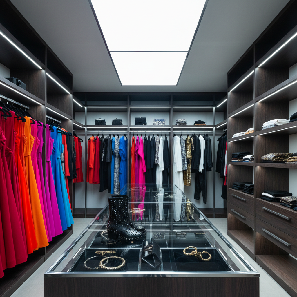 An organized, ultra-modern walk-in closet scene showcasing curated women’s outfits: on one side, color-graded rows of bold dresses from fiery red to electric violet, each on matte black velvet hangers; on the other, open shelves displaying neatly folded leather leggings, sequined tops, and structured blazers. A central glass-topped island displays statement accessories: studded ankle boots, a spiked clutch, layered chokers, and oversized hoop earrings resting on black velvet trays. Cool, recessed LED lighting along the shelves and a diffused overhead panel bathe the space in crisp, even light, creating sharp reflections on glass and metal. Photographic realism, shot from a slightly elevated wide angle, captures the luxurious, powerful, and fashion-obsessed vibe of a trendsetter’s dream closet.