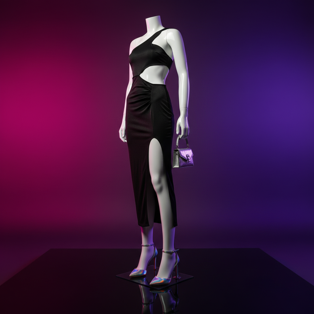 A dramatic studio vignette of a single, iconic women’s night-out outfit styled on a headless glossy white mannequin: a body-contouring black cutout dress with asymmetrical straps and a thigh-high slit, paired with iridescent strappy stilettos and a micro metallic handbag dangling from one sculpted arm. The mannequin stands on a reflective black acrylic platform against a gradient backdrop shifting from deep magenta to inky purple. Two opposing colored spotlights—one hot pink, one ultraviolet—slash across the scene, creating bold rim lighting and elongated shadows while making the fabrics gleam. Photographic realism, captured from a low-angle three-quarter view, emphasizes dominance and allure, with a cinematic, high-drama mood suited for showcasing hotter trending outfits.